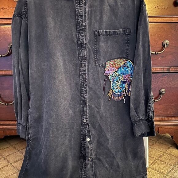 Zara Basic Black Denim Shirt Dress with embellished face detail on front S - Picture 3 of 9